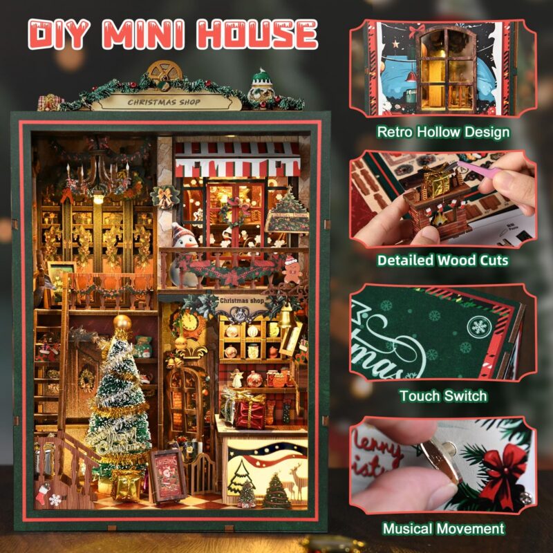 Mostcloud Christmas Shop Music Box DIY Book Nook Kit with LED