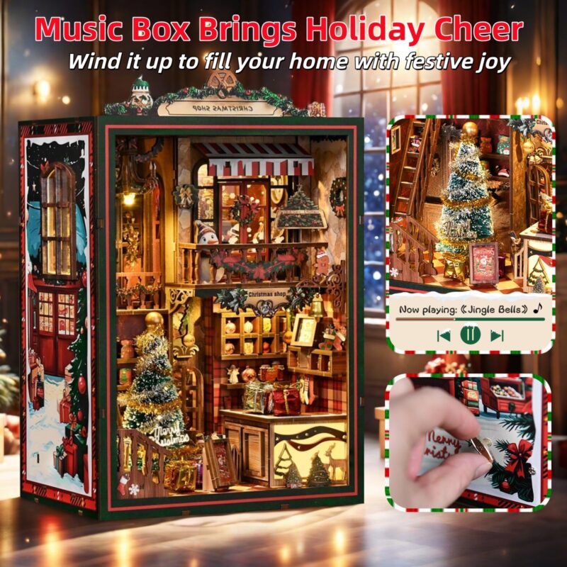 Mostcloud Christmas Shop Music Box DIY Book Nook Kit with LED