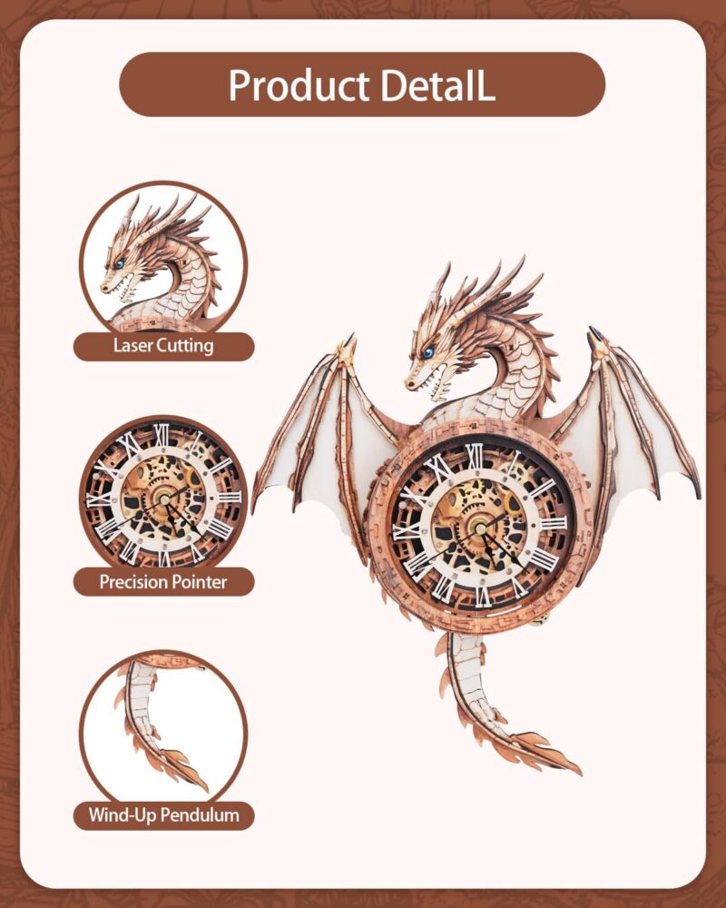 Rnfinewow Dragon 3D Wooden Clock Puzzle