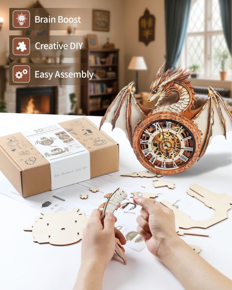 Rnfinewow Dragon 3D Wooden Clock Puzzle