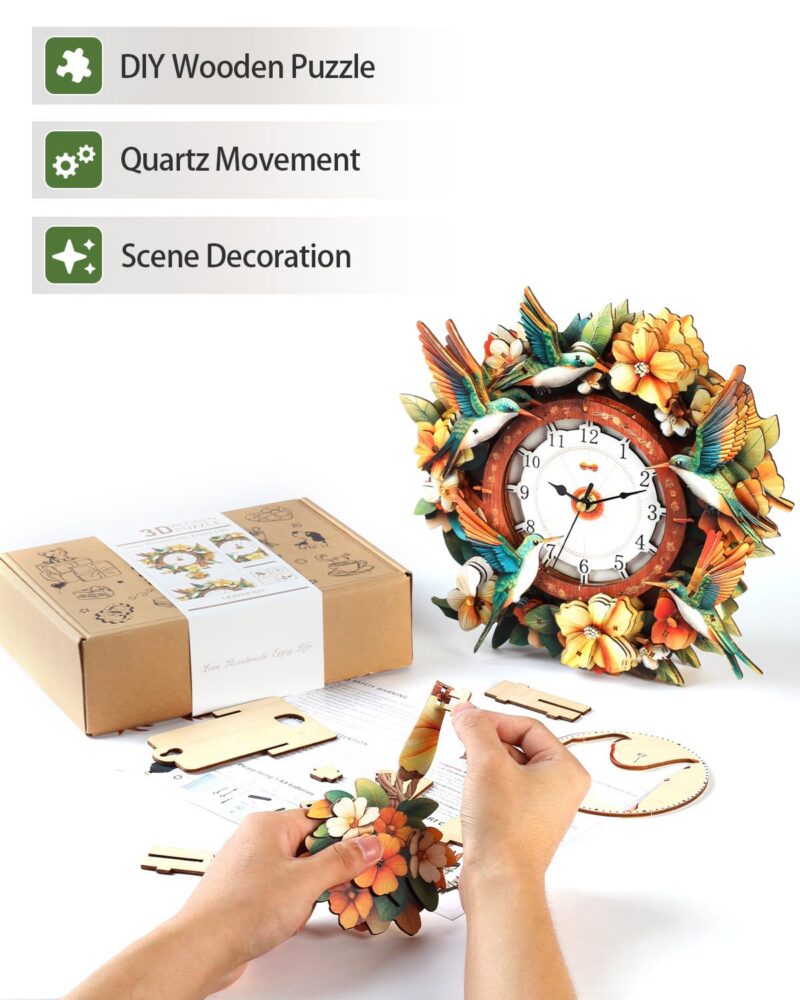 Rnfinewow Hummingbird 3D Wooden Clock Puzzle