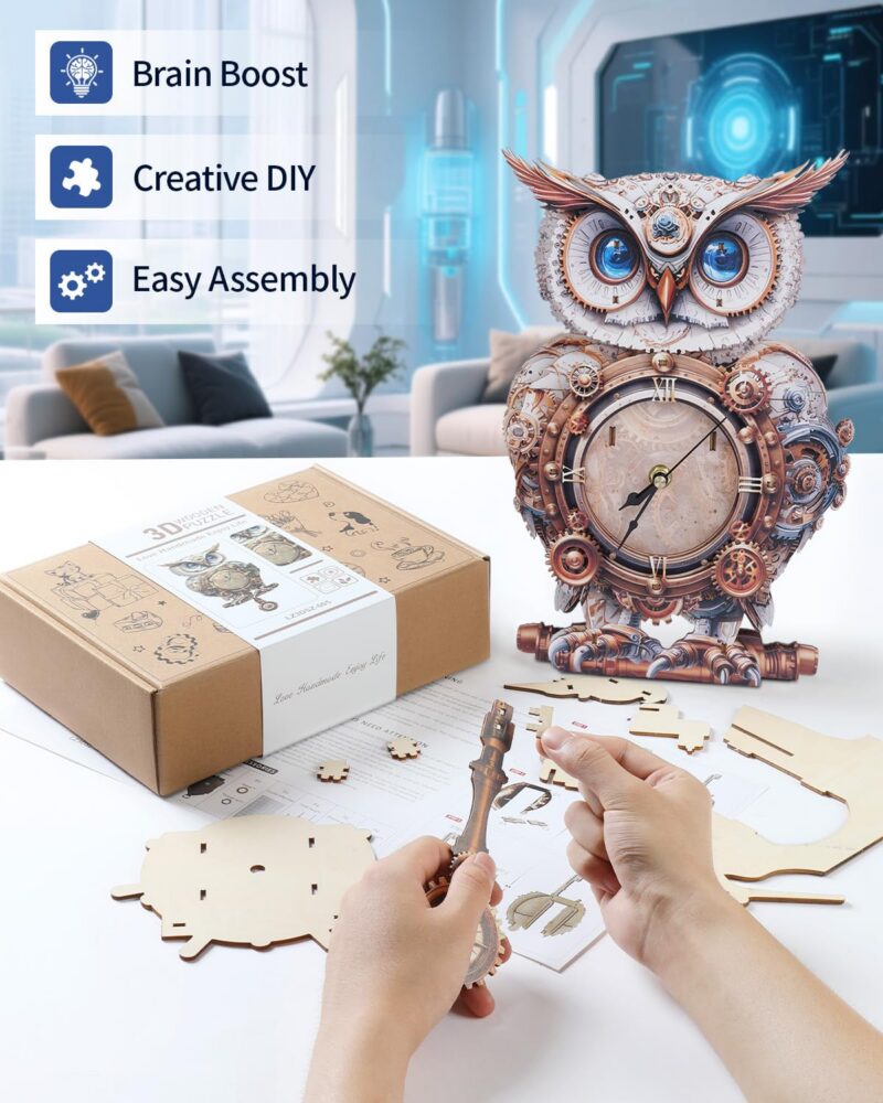 Rnfinewow Mechanical Owl 3D Wooden Clock Puzzle